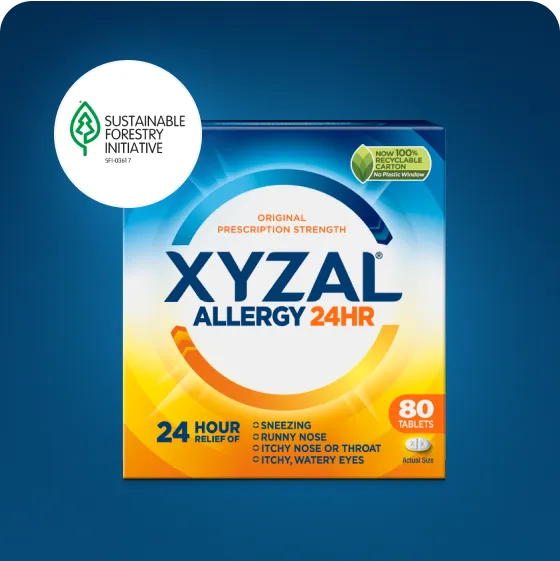 Xyzal Allergy 24HR front packshot, plus the Sustainable Forestry Initiative logo.